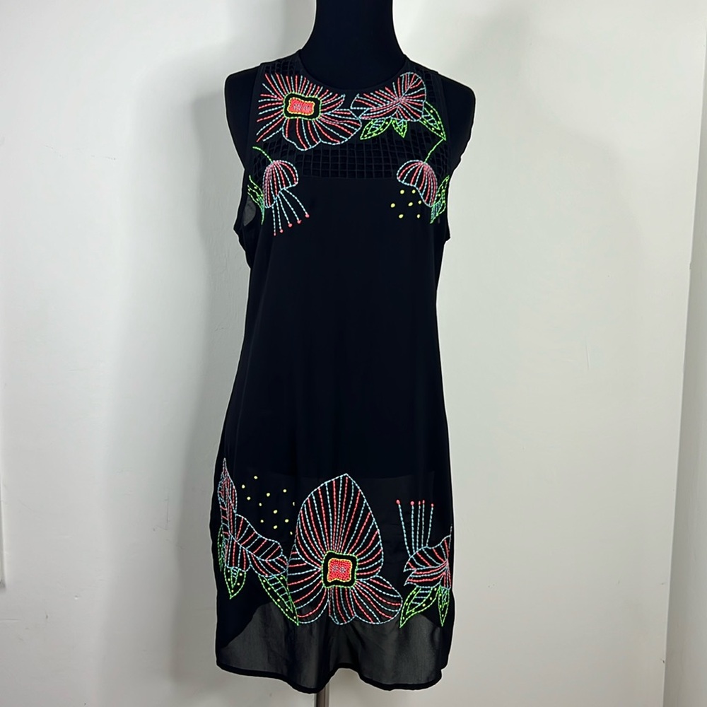 NEW FRIENDS COLONY Black Embroidered Sheer Mesh Dress L